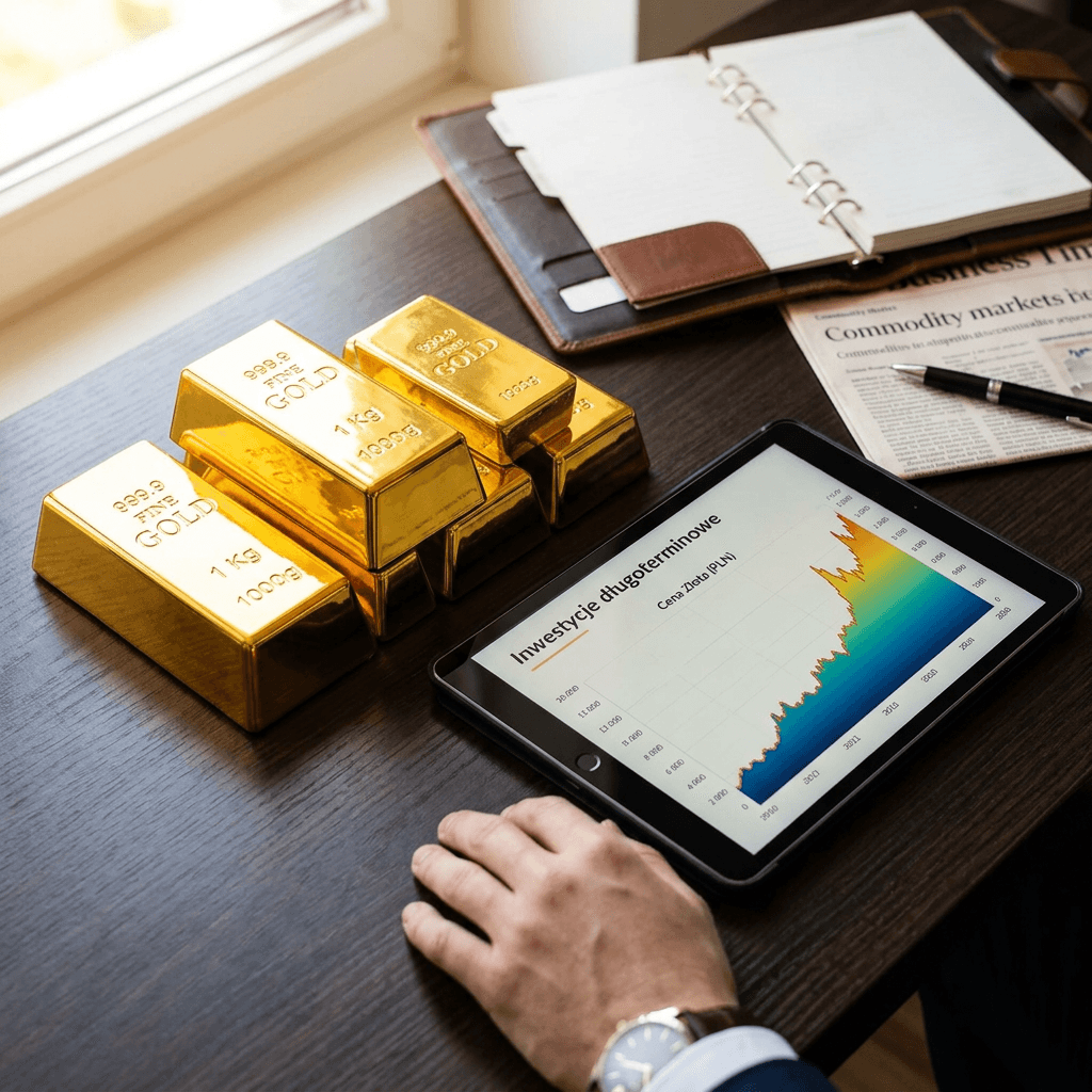 Aby zacząć inwestycję w złoto zapoznaj się z podstawowymi informacjami. Tablet displaying gold investment long-term price graph next to gold bars and documents