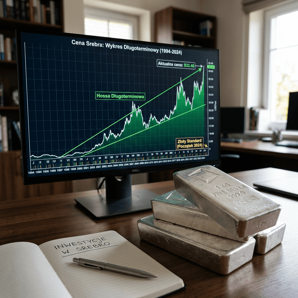 Srebro wraca do gry. Dlaczego inwestorzy coraz częściej wybierają je na lata ? Long-term silver price chart on computer screen with silver bars and notebook