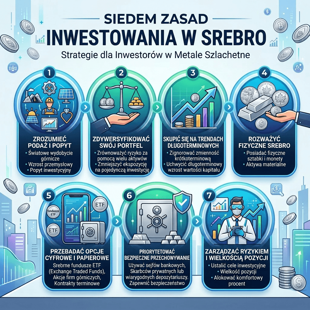 7 powodów, dla których warto zainteresować się srebrem w 2026 roku Seven principles explaining strategies for silver investing including supply, diversification, trends, physical silver, digital options, secure storage, and risk management