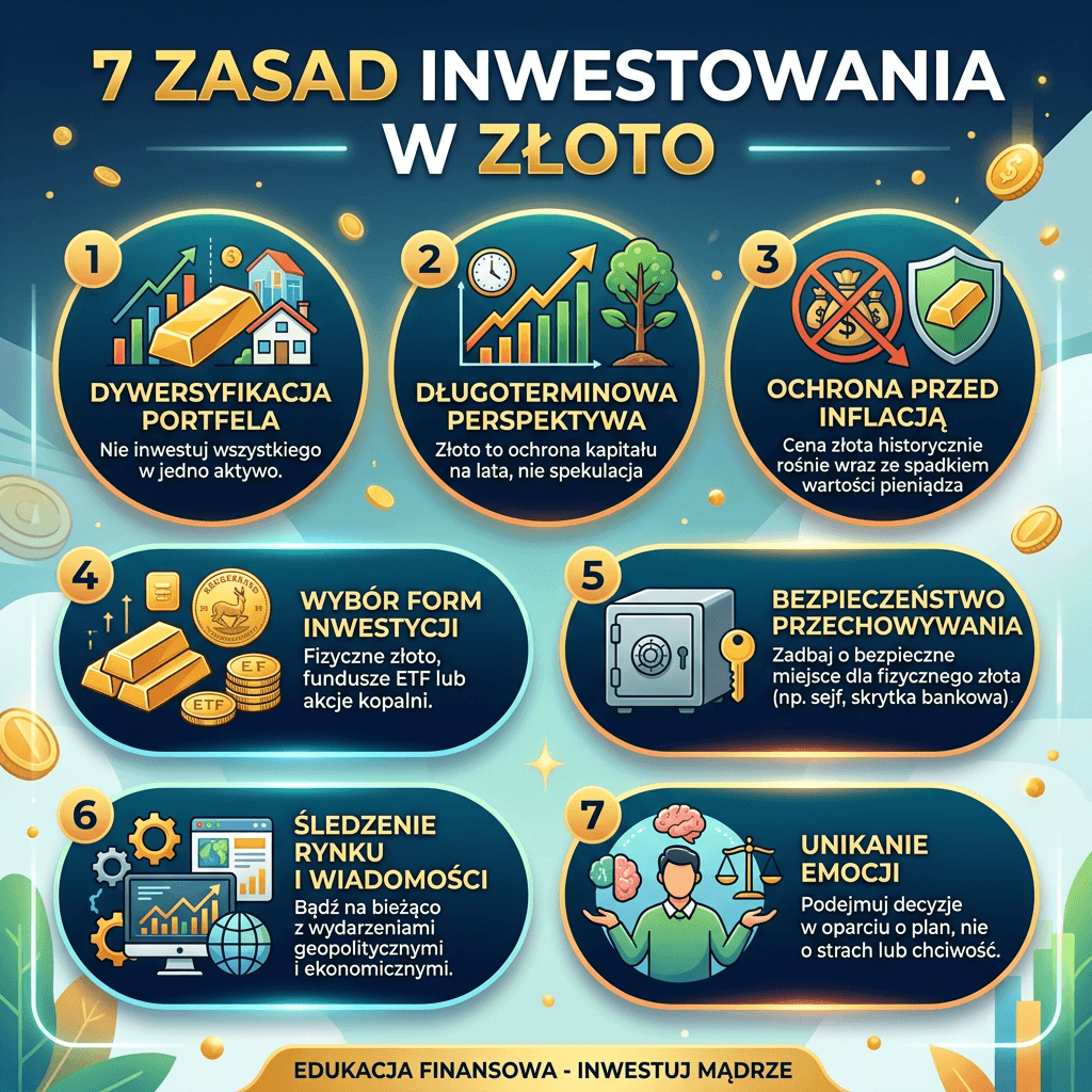 7 zasad skutecznego inwestowania w złoto Seven principles for investing in gold including diversification, long-term perspective, inflation protection, investment types, storage safety, market tracking, and emotion avoidance.