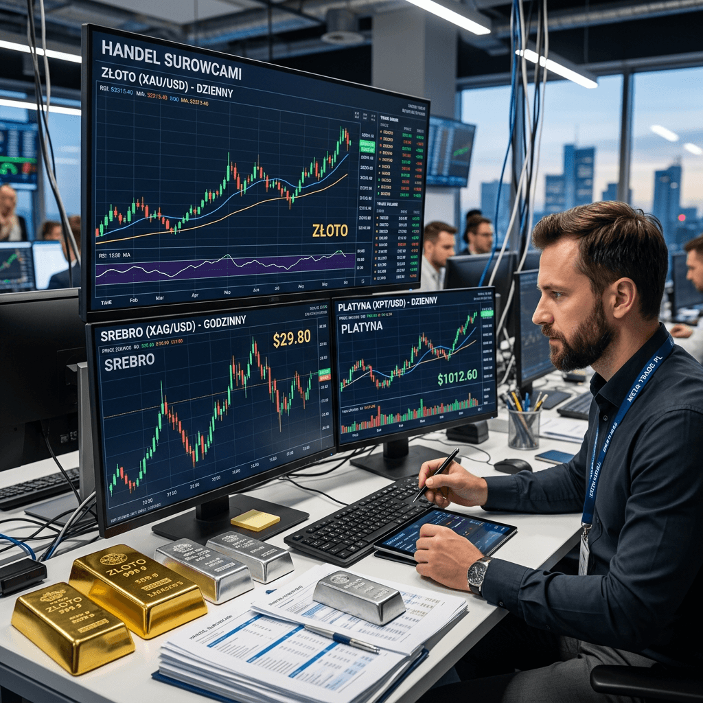 Czym jest handel surowcami ? Trader analyzing live gold, silver, and platinum price charts on multiple monitors