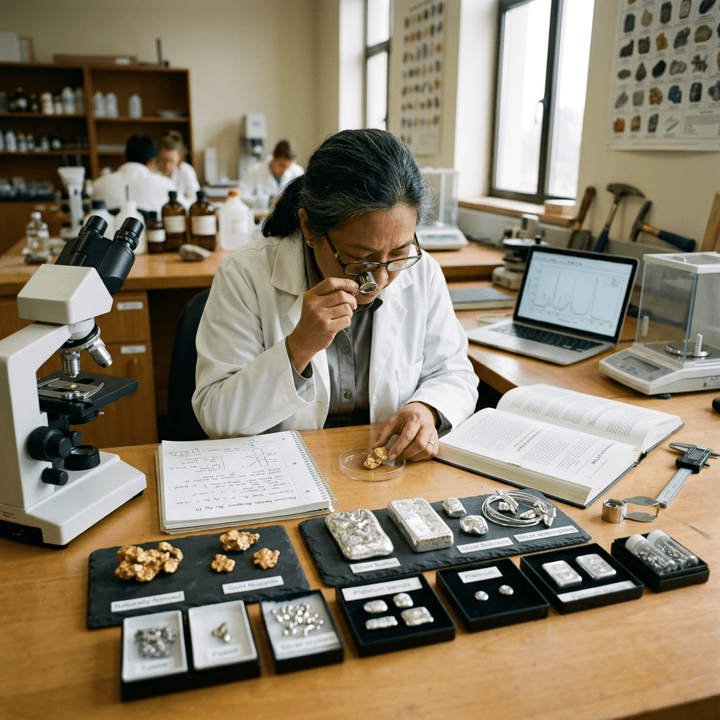 Poznaj zagadnienia dotyczące surowców. Geologist examining gold and silver mineral samples with loupe in laboratory