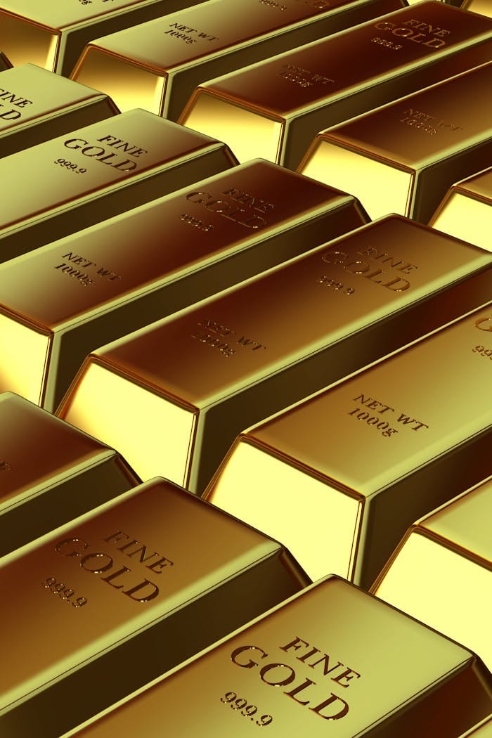 Menu Rows of shiny gold bars symbolizing wealth, investment, and financial growth.