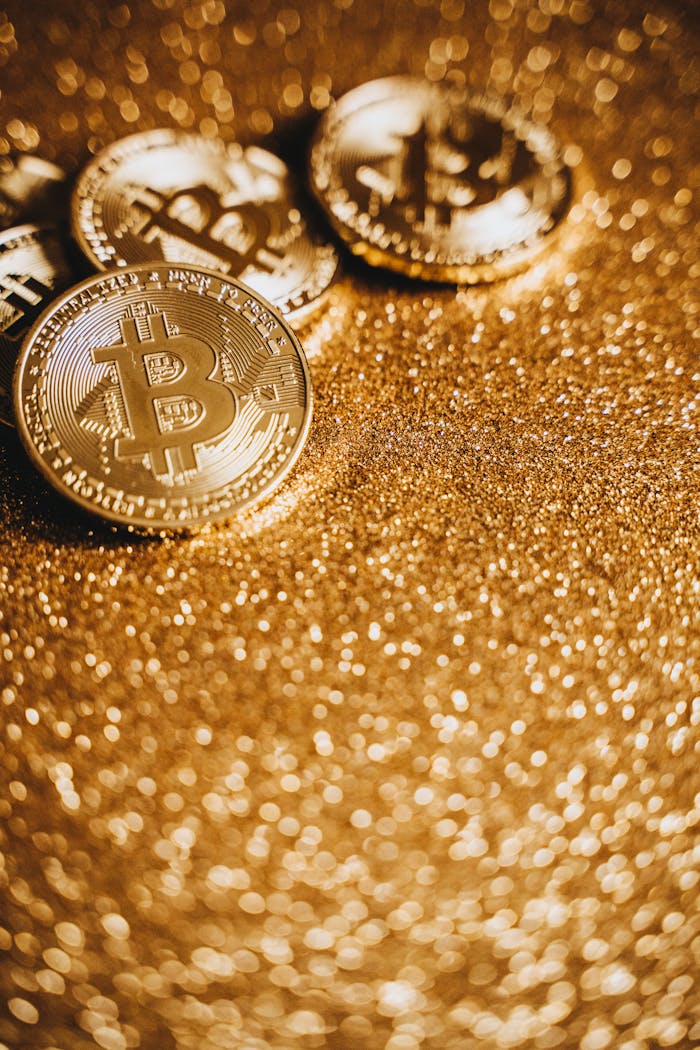 Close-up of bitcoin coins on a shimmering gold surface symbolizing cryptocurrency investment.